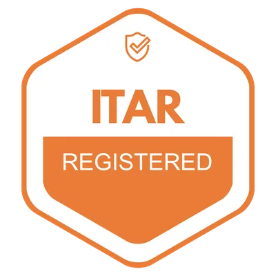 Badge_ITAR_Registered Orange ITAR Registered certification badge with shield motif on white background—denoting compliance.