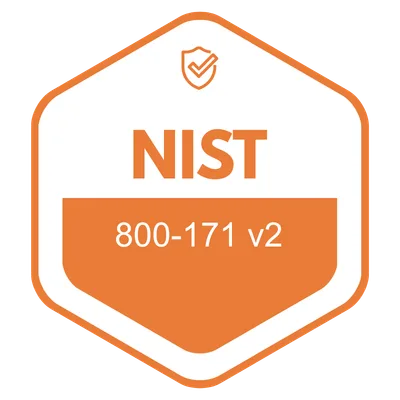 NIST 800-171 v2 compliance badge featuring an orange shield and checkmark icon on white background.
