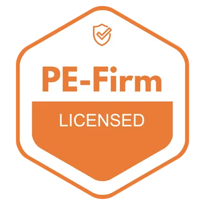 Badge_PE-Firm_licensed Orange badge reading 'PE-Firm' with 'LICENSED' and a shield icon, signaling a licensed professional engineering firm.