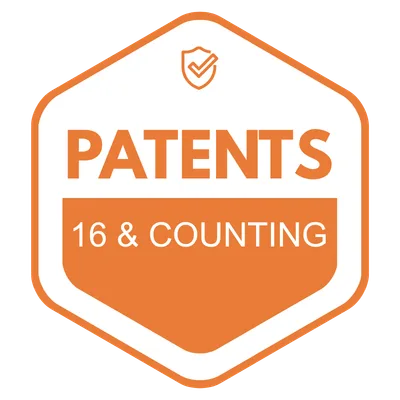 Orange badge-shaped seal that says "PATENTS" with a subheading "16 & COUNTING" indicating patent count progress or achievement.