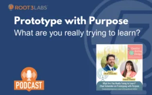 Blue banner promoting Root3 Labs' 'Prototype with Purpose' podcast, subtitle 'What are you really trying to learn?' with a small speaker collage and 'PODCAST' badge